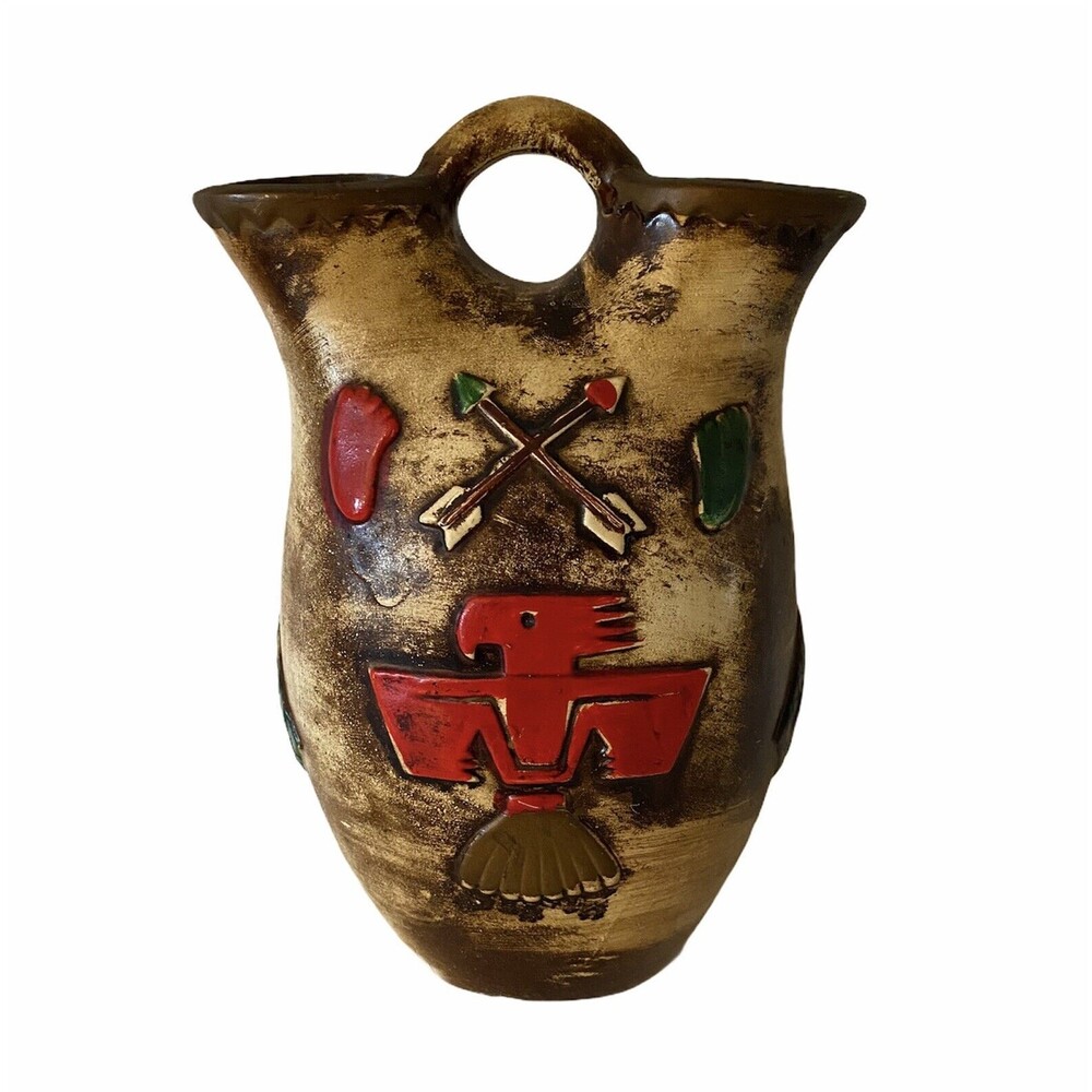Vintage Native American Indian Hand Painted Pottery Wedding Vase Phoenix 8.5"
